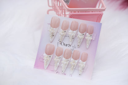 OurS Handmade Gel Nails, French Tip, Pearl Nails, ballet shoes long , nude Press on glue on nails for girls