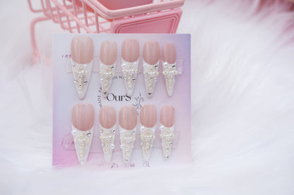 OurS Handmade Gel Nails, French Tip, Pearl Nails, ballet shoes long , nude Press on glue on nails for girls