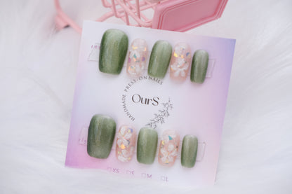 OurS Handmade Gel Nails,Green cat eye ,Flower, Exquisite Flower Design Gel Glue on Nails for Women Girls Full Cover Acrylic False Stick on Nail