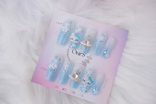 OurS Handmade Gel Nails,Hello kitty ,Long Square Shape, French Style