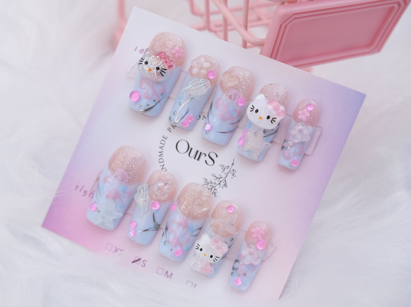 OurS Handmade Gel Nails,Hello Kitty , Coffin Shape,3D Gems