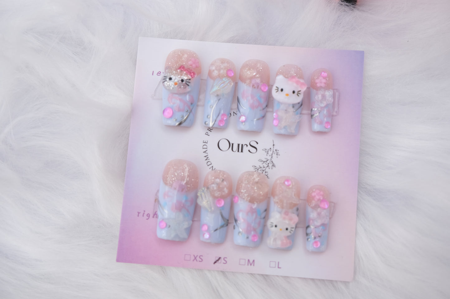 OurS Handmade Gel Nails,Hello Kitty , Coffin Shape,3D Gems