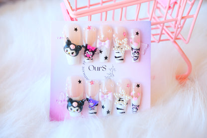 OurS Handmade Gel press on nails, white, Kuromi Nails