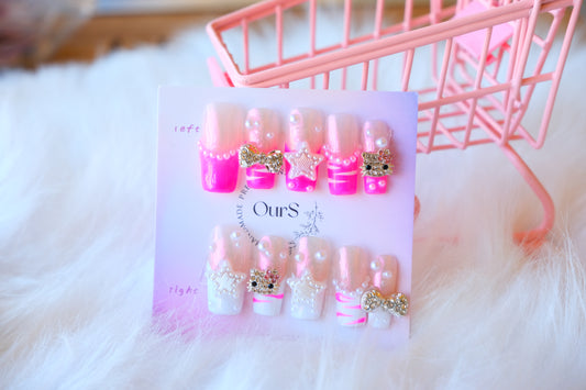 OurS Handmade Gel Reusable Nails, coffin shape, Hello kitty nail gems, charms press on, glue on nails for girls