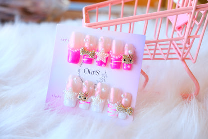 OurS Handmade Gel Reusable Nails, coffin shape, Hello kitty nail gems, charms press on, glue on nails for girls