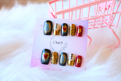 OurS Handmade Gel Reusable Nails, Short Round nails,Gold, Glue on , Press on Nails