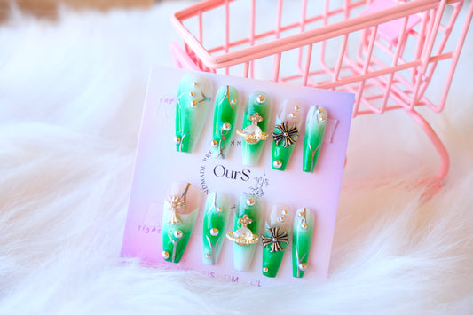 OurS Handmade Gel reusable Nails, Green long coffin Nails,Metal Gems, metal pattern, Press on nails Glue on for girls