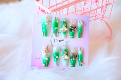 OurS Handmade Gel reusable Nails, Green long coffin Nails,Metal Gems, metal pattern, Press on nails Glue on for girls