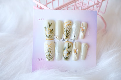 OurS Handmade Nails, Gel Nails, Coffin Shape,Flower, Cream Color,Orchid,Reusable Nails