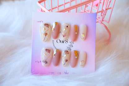 OurS Handmade Gel Reusable Nails,French Tip Press on Nails Nude Medium Fake Nails White Press on Nails with Flowers Design Almond Acrylic Nails