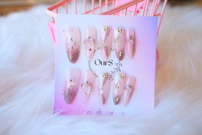 OurS Handmade Gel Reusable Nails,Pink Gule on Press on Nails for Girls