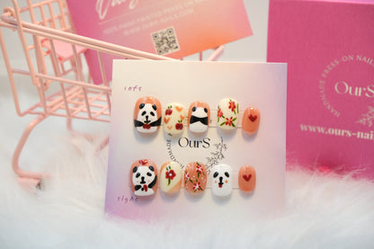 OurS Handmade Nails, Gel Nails, Coffin Shape,Flower, Pandas Reusable Nails