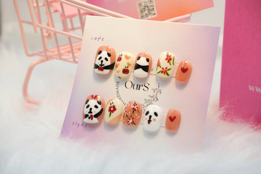 OurS Handmade Nails, Gel Nails, Coffin Shape,Flower, Pandas Reusable Nails