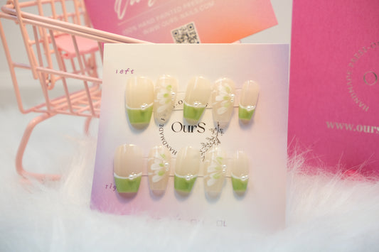 OurS Handmade Nails,Coffin Green Nails,Spring,Reusable press on nails