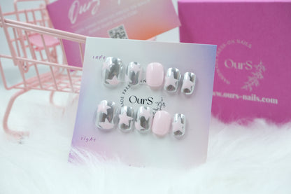 OurS Handmade press on gel nails, pink Star short coffin shape, star