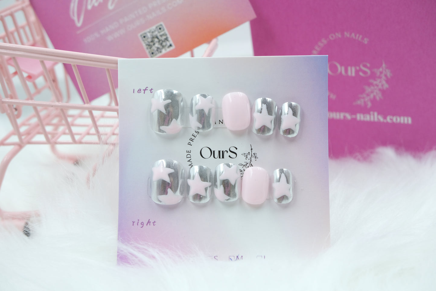 OurS Handmade press on gel nails, pink Star short coffin shape, star