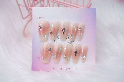 OurS handmade Gel Reusable Nails,French tip, Gems, Long coffin shape Glue on ,Press on Nails for girls