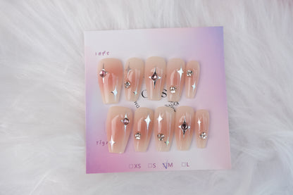 OurS handmade Gel Reusable Nails,French tip, Gems, Long coffin shape Glue on ,Press on Nails for girls