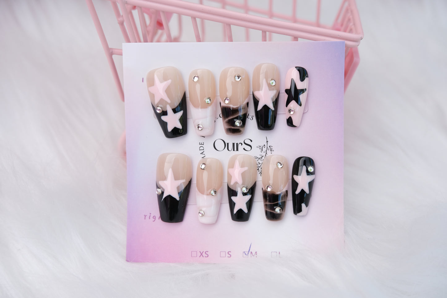 OurS Handmade Gel Reusable Nails,Nude, French tip, Star mental, Gems, Charms Press on , Glue on Nails