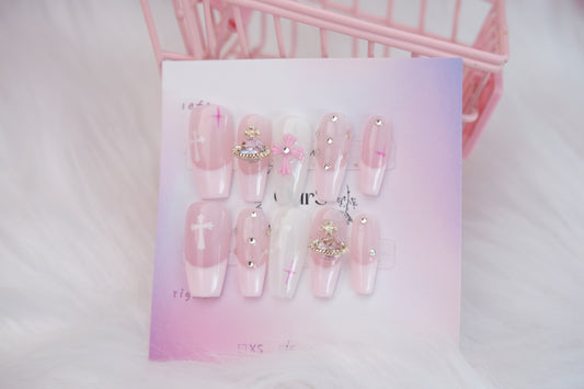 OurS Handmade Gel Reusable Nails, pink coffin shape nails, Gems,French tip, Glue on, Press on nails