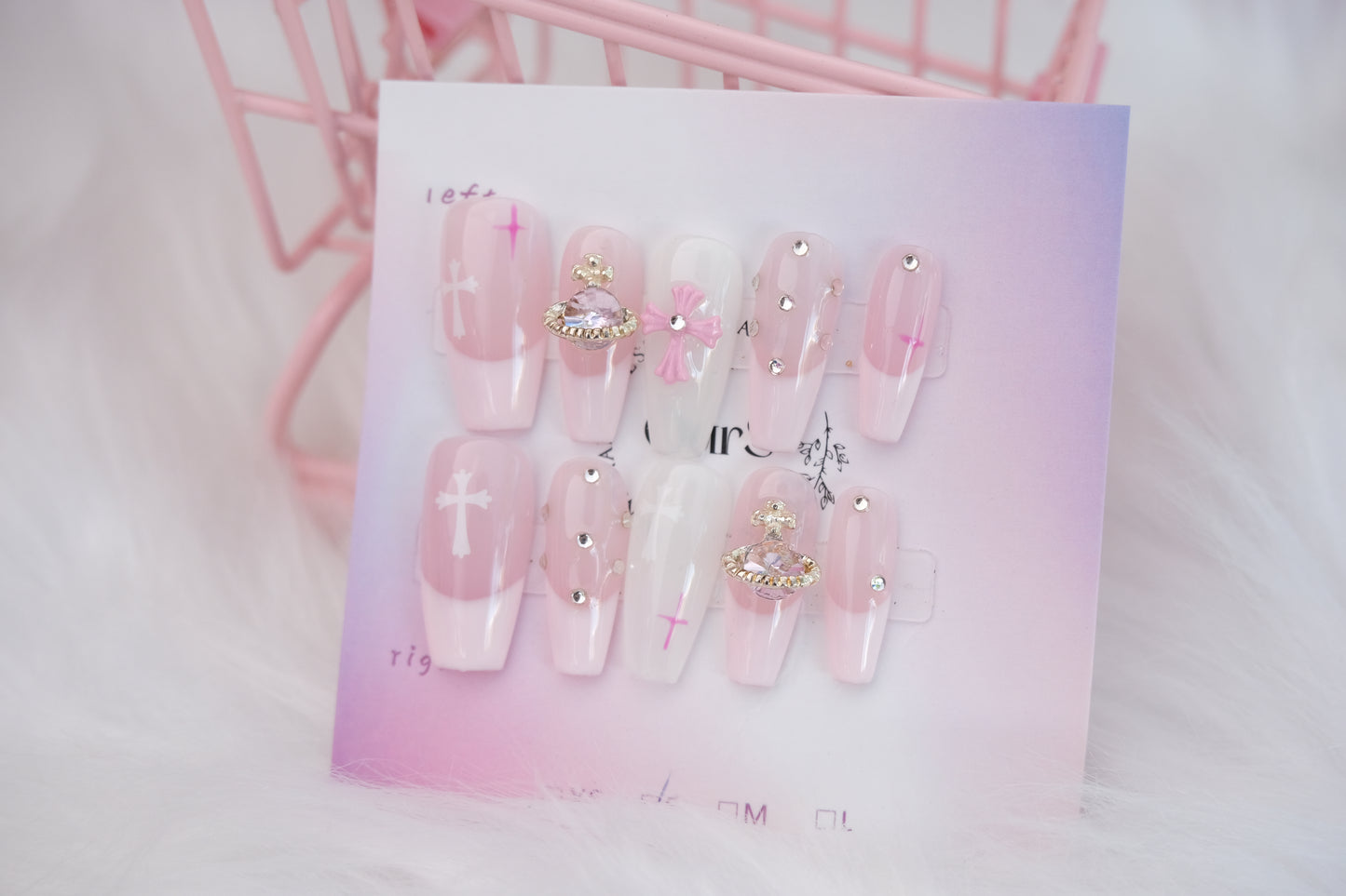 OurS Handmade Gel Reusable Nails, pink coffin shape nails, Gems,French tip, Glue on, Press on nails