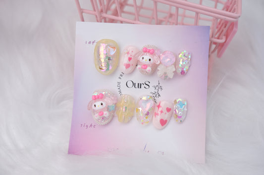 OurS Handmade Press on Gel nails,Sanrio Nails, Press on Nails Fake Nails Tips Full Cover Medium False Gradient Nails for Women and Girls ，(Nude almond)