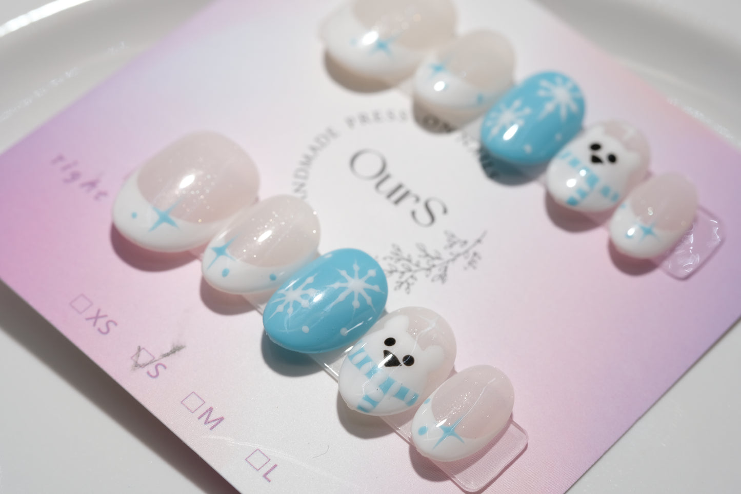 OurS Handmade Gel Nails, Short Round, Blue Snow Bear Press On Nails