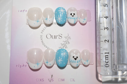 OurS Handmade Gel Nails, Short Round, Blue Snow Bear Press On Nails