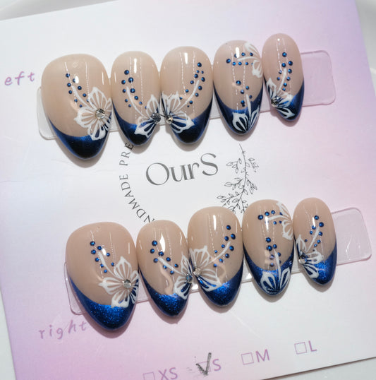 OurS Handmade Gel Nails, Reusable, Blue French tip, flower nail Design