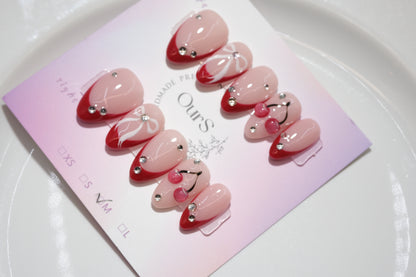 OurS Handmade Gel nails, short Almond, 3D cherry Reusable nails