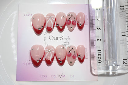 OurS Handmade Gel nails, short Almond, 3D cherry Reusable nails