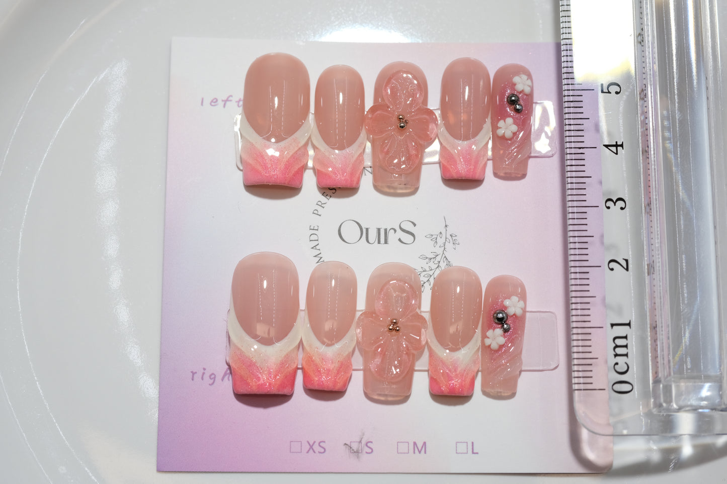 OurS Handmade Nails, Medium long Square , Reusable, 3D flower Nails