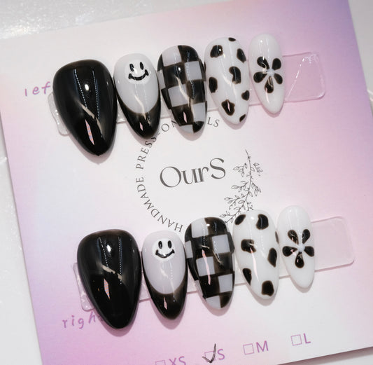 OurS handmade Gel Nails, Black Checkerboard Nails, Smiling face ,Short Almond