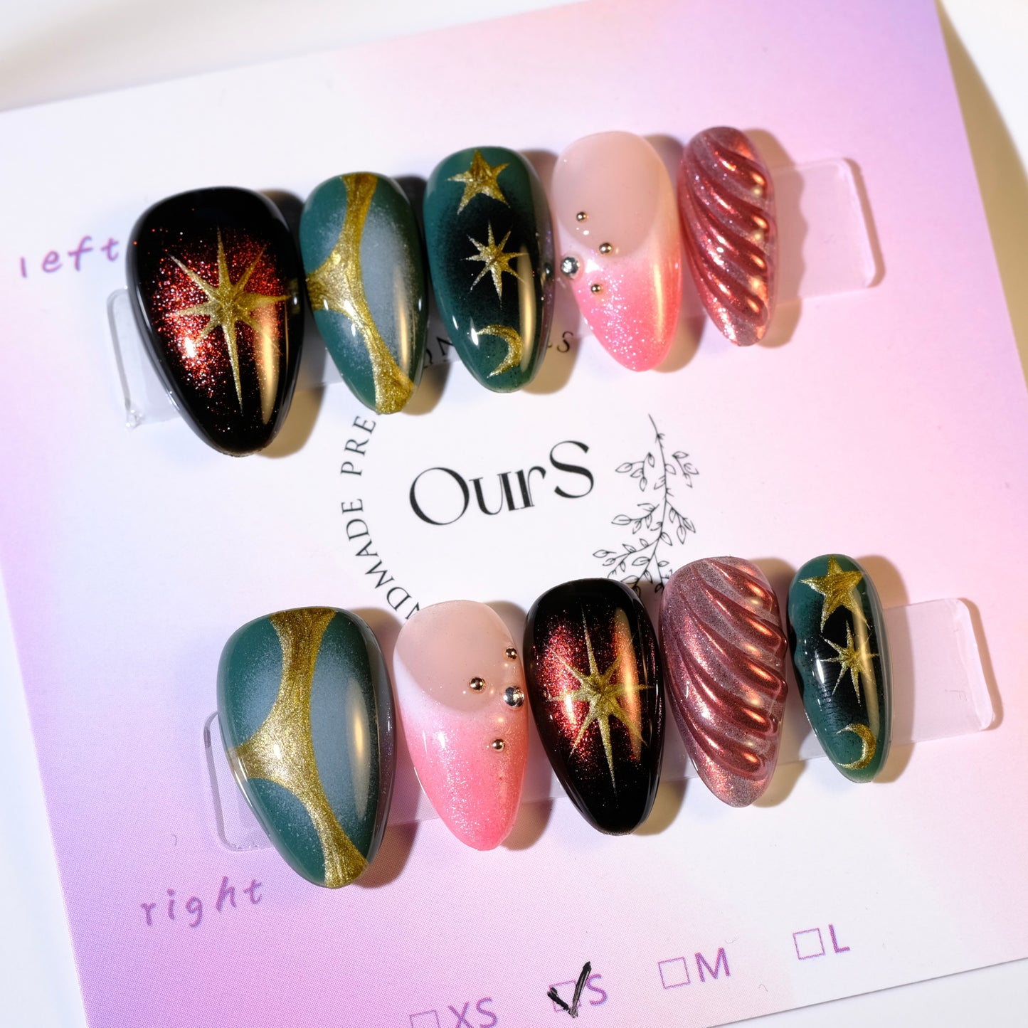 OurS Handmade Nails, Reusable, Green,Red, Gold Pink 3D Press on Nails