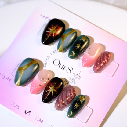 OurS Handmade Nails, Reusable, Green,Red, Gold Pink 3D Press on Nails