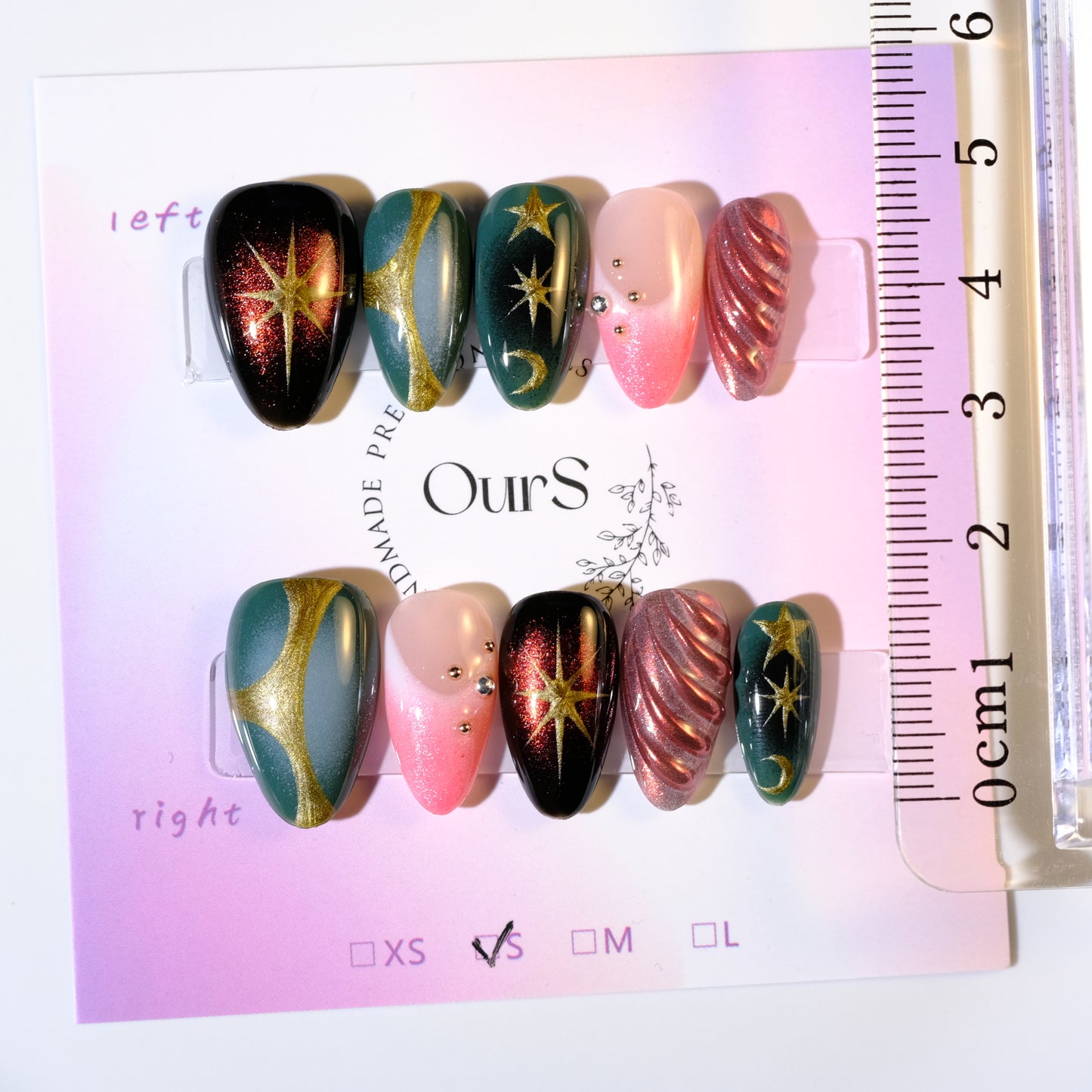 OurS Handmade Nails, Reusable, Green,Red, Gold Pink 3D Press on Nails