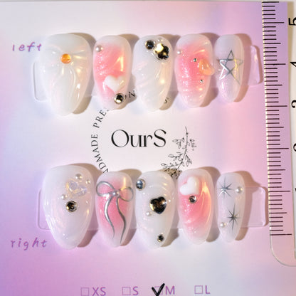 OurS Handmade Gel Nails, Reusable ,Short Almond,3D bow pink Press On Nails