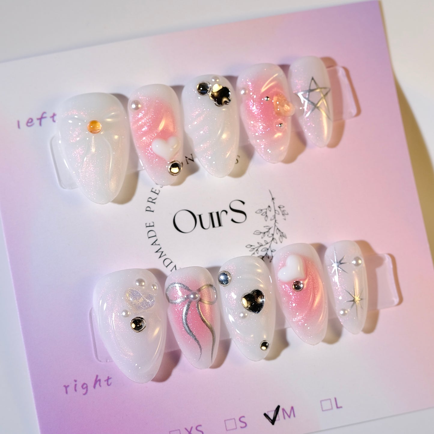 OurS Handmade Gel Nails, Reusable ,Short Almond,3D bow pink Press On Nails