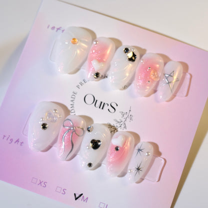 OurS Handmade Gel Nails, Reusable ,Short Almond,3D bow pink Press On Nails