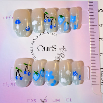 OurS Handmade Gel Nails, Short Oval ,Blue Cute Cherry , Strawberry Nails