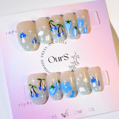 OurS Handmade Gel Nails, Short Oval ,Blue Cute Cherry , Strawberry Nails