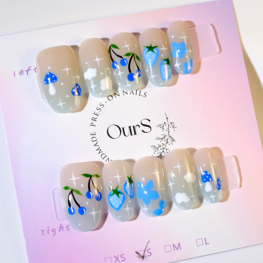 OurS Handmade Gel Nails, Short Oval ,Blue Cute Cherry , Strawberry Nails