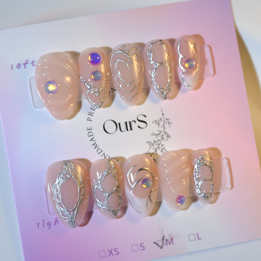 OurS Handmade Gel nails, Reusable ,Short Almond,Nude, 3D Charms Sliver Press on Nails for Girls