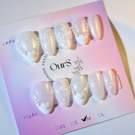 OurS Handmade Gel Nails, White Short Almond, 3D Heart Designs ,Wedding