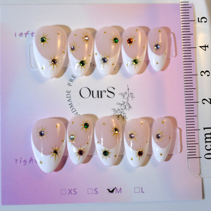 OurS Handmade Gel Nails, White, Star, Short Almond Nails, Press On Nails