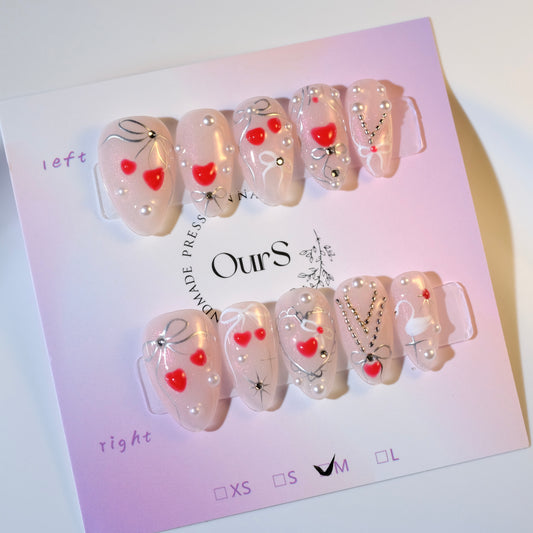 OurS Handmade Gel Nails, Reusable ,Short Almond, 3D Heart, Bow Nails