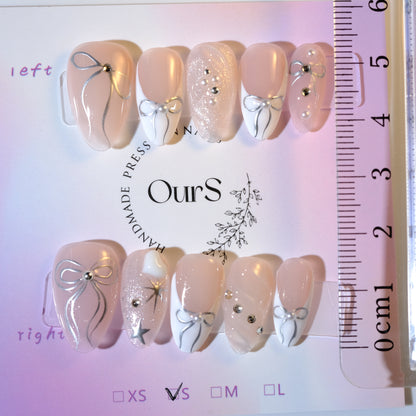 OurS Handmade Gel Nails, Reusable ,Nude White, Short Almond Bow Nail Design ,Press on Nails Gift for girls