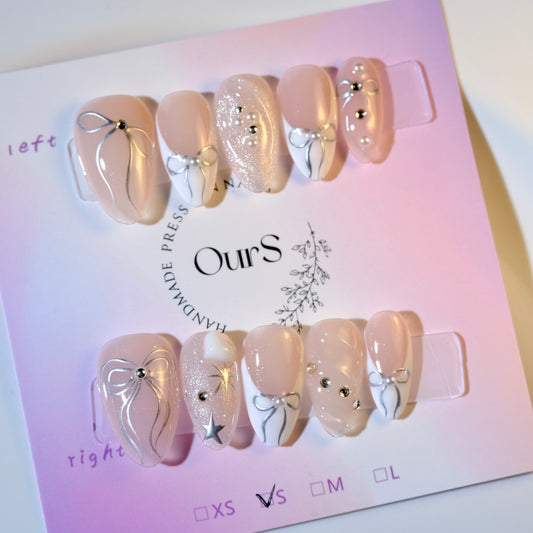 OurS Handmade Gel Nails, Reusable ,Nude White, Short Almond Bow Nail Design ,Press on Nails Gift for girls