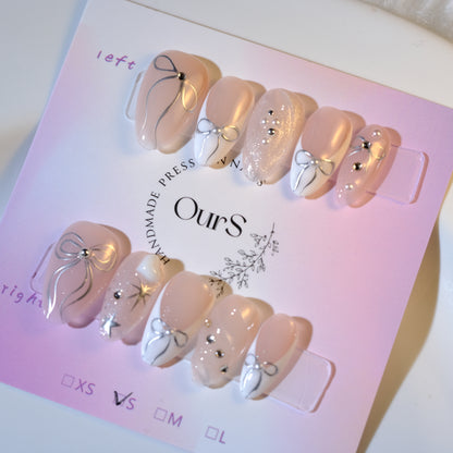 OurS Handmade Gel Nails, Reusable ,Nude White, Short Almond Bow Nail Design ,Press on Nails Gift for girls