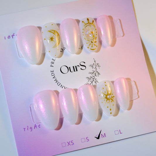 OurS Handmade Gel Nails, Short Almond Pink Reusable ,Gold Press on Nails